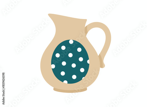 A clay mug adorned with ornament and handle, an earthenware jug featuring a wide neck, retro-style pottery for drinks, depicted as a colored flat vector illustration of an earthen cup set against a