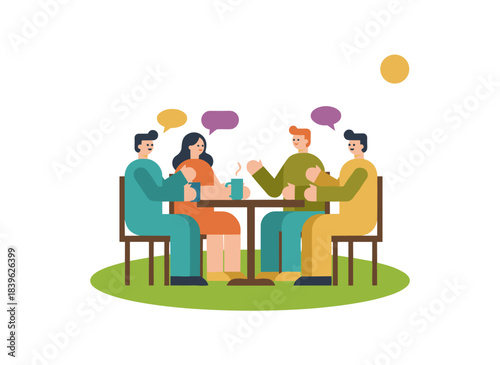 A group of friends meets outdoors, hanging out in a park for a nature party, chatting, drinking, and sitting together during summer leisure, depicted as a flat vector illustration on a white