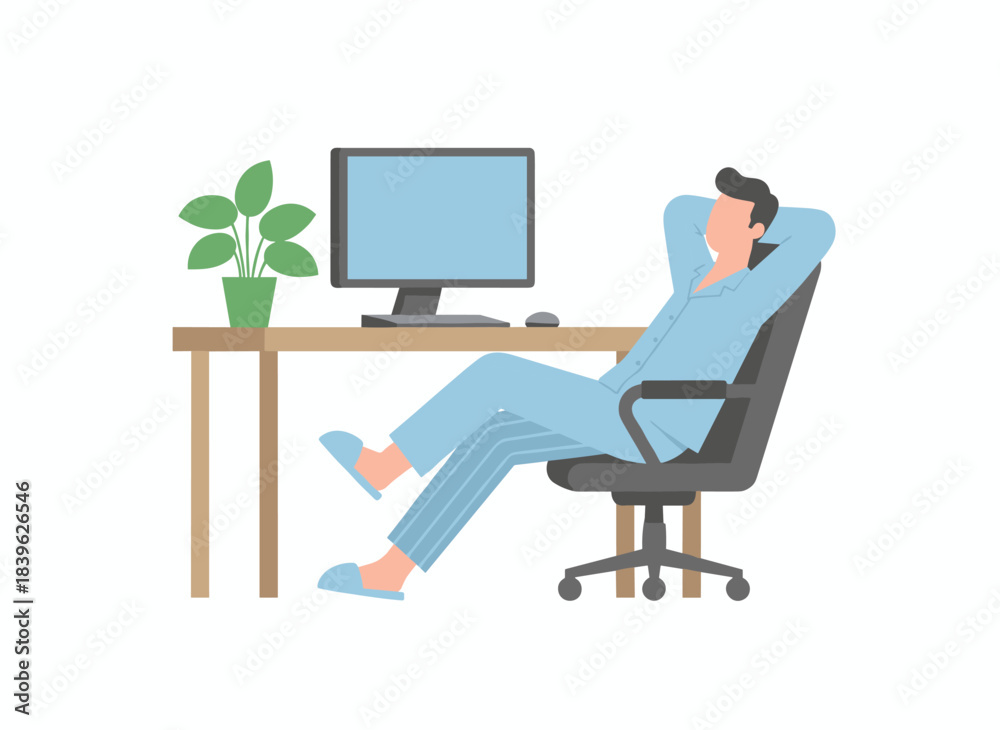 Fototapeta premium A relaxed male freelancer sits on a chair, satisfied with his productive work, illustrated in a flat vector style, while a cheerful employee works at a desk with a computer in a solitary office