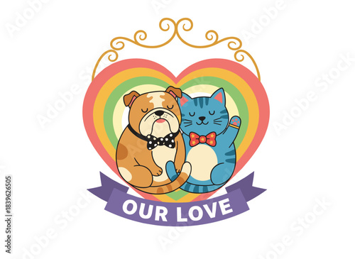 Flat vector illustration on a white background depicting a cute, happy, romantic cat couple in a gay wedding concept, showing a married LGBTQ couple with engagement rings and a funny sticker
