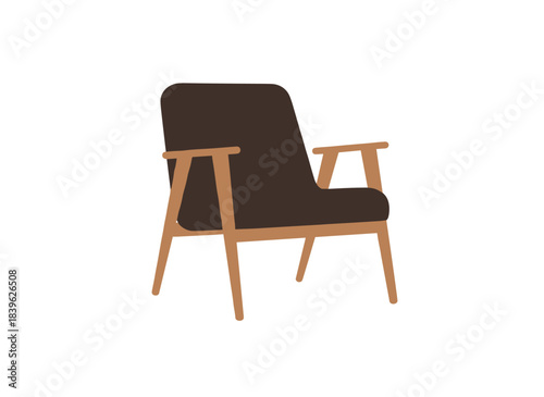 Retro mid-century armchair design featuring a trendy seat, wooden legs, and armrests, a cozy 1960s upholstered lounge piece illustrated as a colored flat vector on a white background