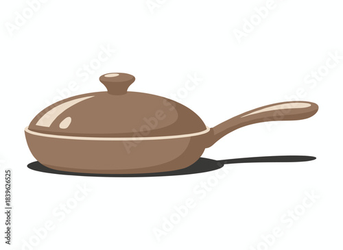 A cast‑iron frying pan with a handle and glass lid, plus a titanium skillet that comes with a cover, all shown as a flat vector illustration on a white background