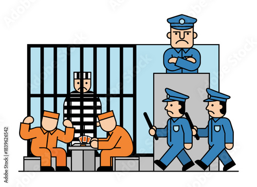 A colorful assortment of male and female inmates, featuring arrested men and women, depicted in flat illustration