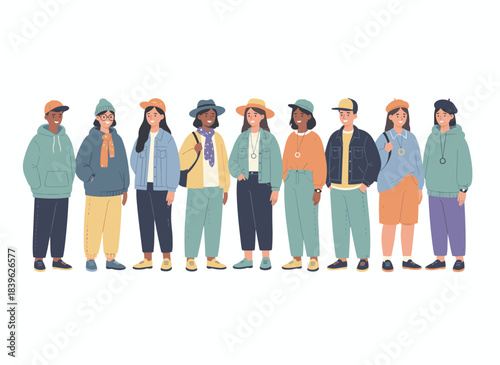 A flat vector illustration of a group of young, modern men and women smiling happily in trendy casual urban outfits against a white background