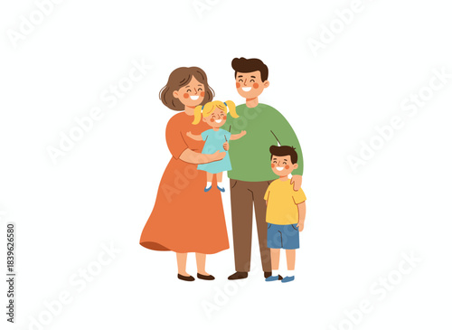 Joyful foster parents welcoming a child; a family comprising mother, father, daughter, and her adopted sister; illustrating the concept of custody and adoption in a flat vector style on a white