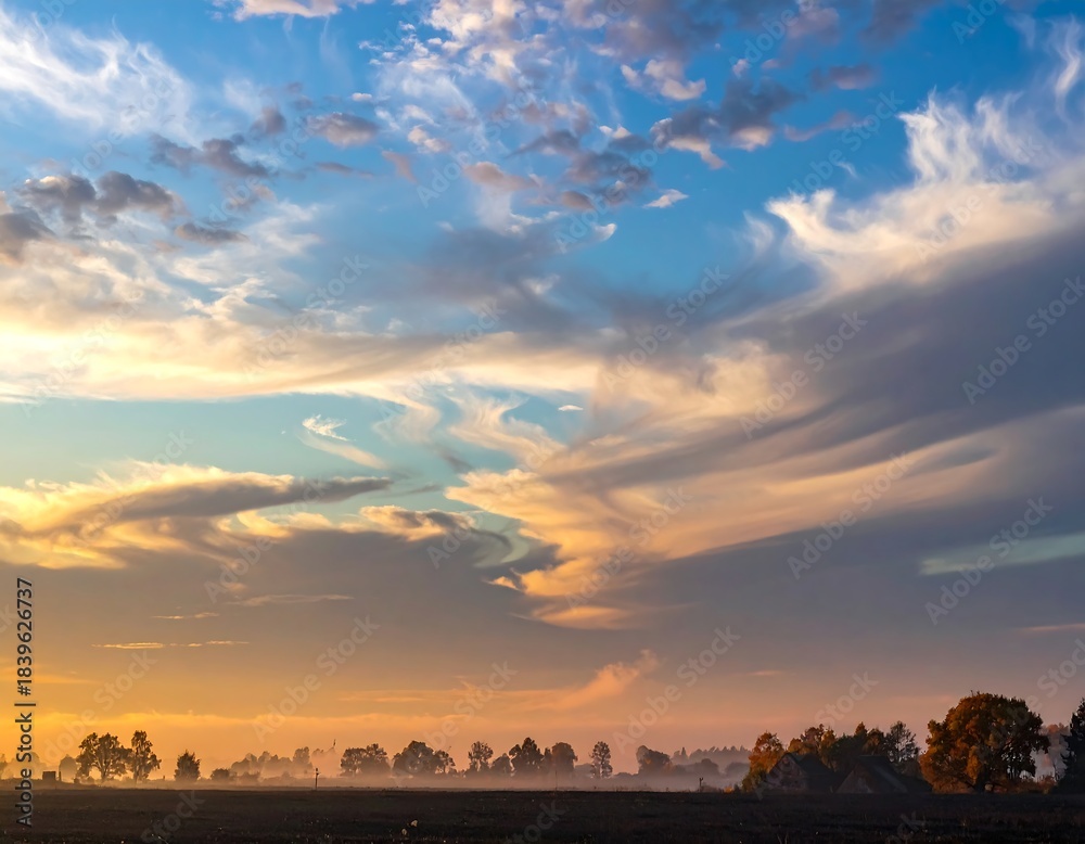 Naklejka premium Sunrise over a misty field