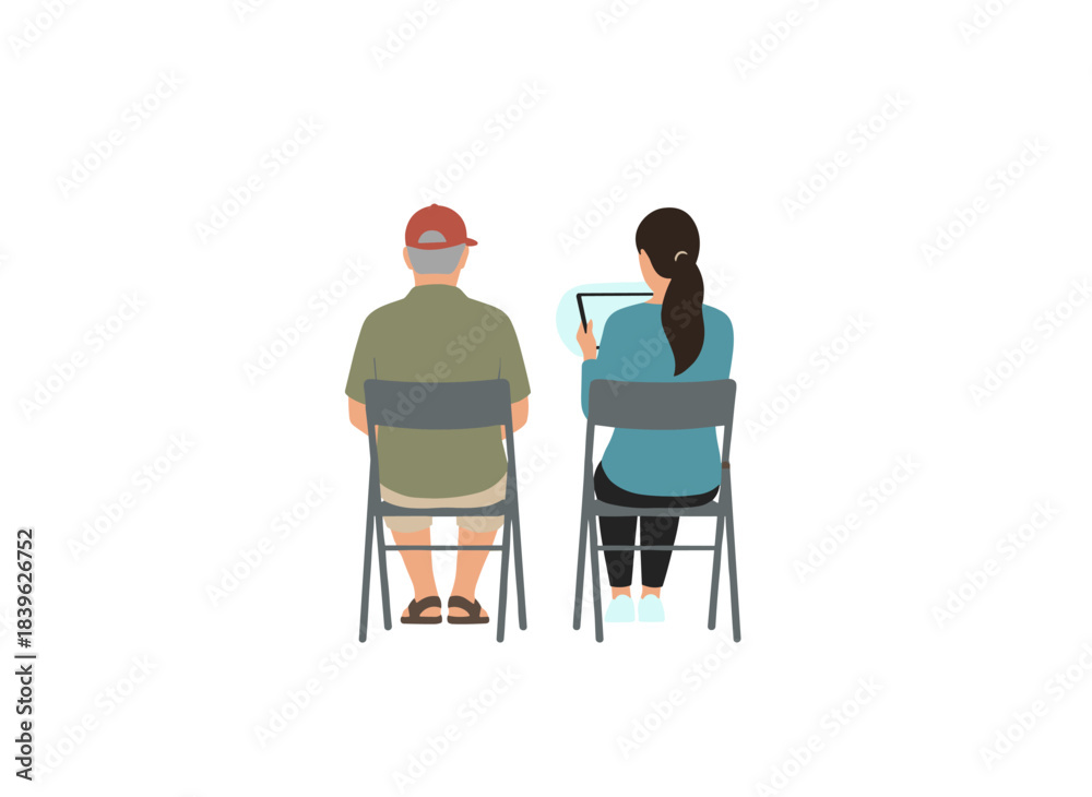 Fototapeta premium A film director and assistant sit in chairs during a video production, backstage, shown as a flat vector illustration on a white background
