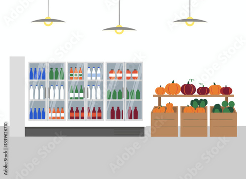 Colorful hand‑drawn illustration of a supermarket interior, depicting a grocery store