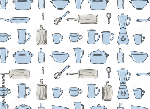 A continuous pattern featuring black and blue kitchen utensils, tableware, dishes, and tools set against a white background, rendered as a trendy vector illustration suitable for fabric prints