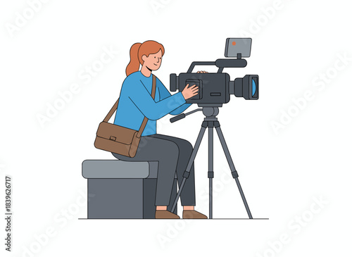 A female cameraman operates a professional camera on a monopod while filming a movie, depicted as a video operator working backstage in a flat vector illustration set against a white background