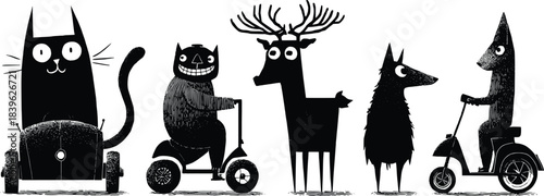 A quirky line-up of black and white cartoon animals and humanoids with various wheeled contraptions