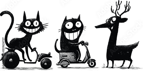 Three black and white cartoon characters, two cats and a deer, with wheeled vehicles