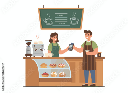 A bakery checkout scene where a customer purchases takeaway desserts and pastries with cash, paying at the counter in a cafe or coffeehouse, depicted as a flat vector illustration on a white