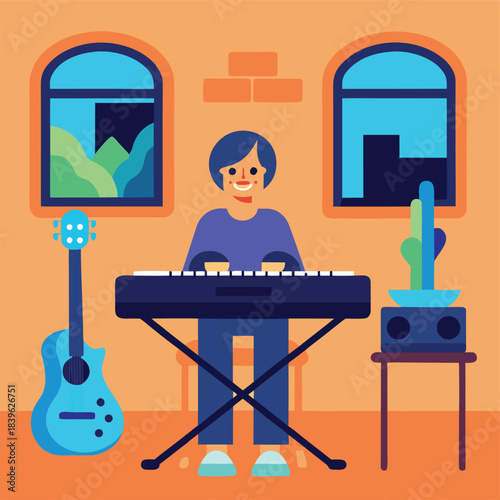 Musician Playing Keyboard With Guitar And Speaker System