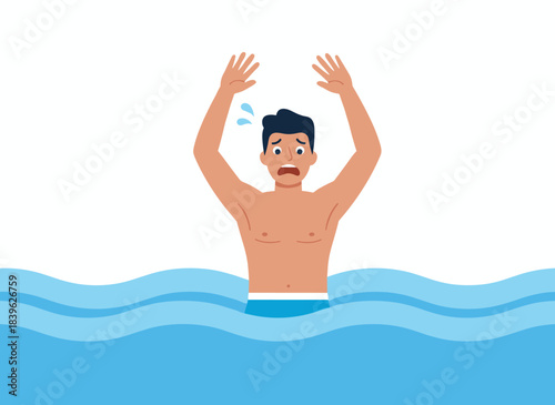 A young man is sinking in the sea, waving his hands for help as he drowns, depicted in a flat vector illustration on a white background