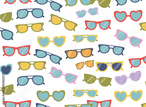 A colorful flat vector illustration of sunglasses pattern on a seamless background, showcasing a repeating texture of modern and retro beach accessories for summer eyewear wrapping