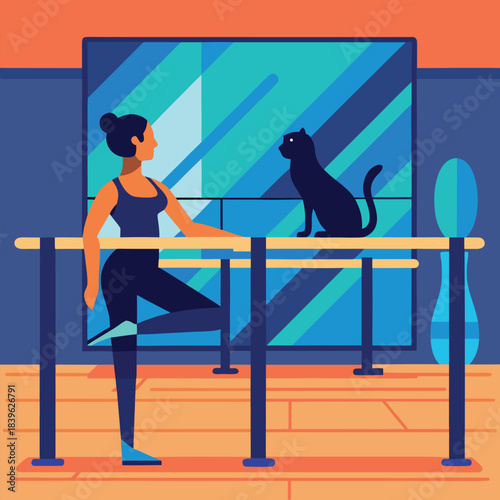 Woman stretching with cat at barre