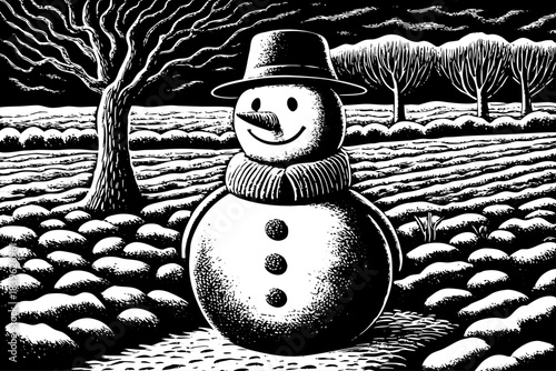 snowman placed in a vast monochrome winter landscape creates a charming contrast between playful holiday spirit and cold seasonal surroundings