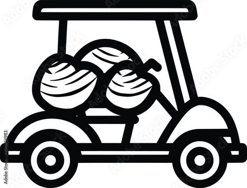 Golf cart line art with three striped golf balls in the back on a white background