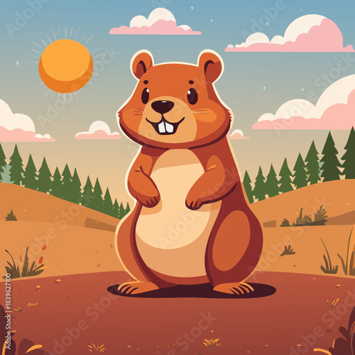 Cute Groundhog Illustration — cartoon groundhog in outdoor landscapes with mountains, forests, and playful poses
