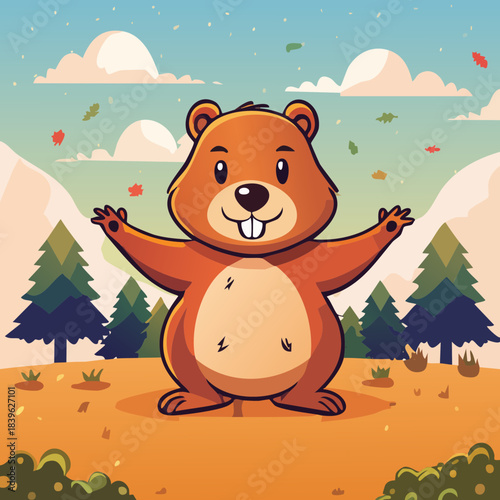 Cute Groundhog Illustration — cartoon groundhog in outdoor landscapes with mountains, forests, and playful poses