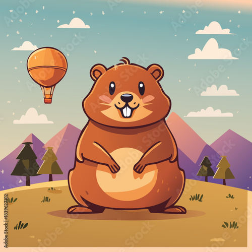 Cute Groundhog Illustration — cartoon groundhog in outdoor landscapes with mountains, forests, and playful poses