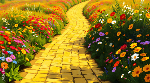 Meandering Yellow Brick Road Among Dense Blooming Summer Flowers – Digital Art