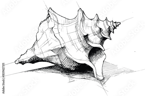 Detailed pen and ink sketch of a large conch shell with crosshatching on a white background