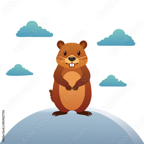 Groundhog Illustration — cute vector groundhogs standing on snow with sunburst and cloud accents