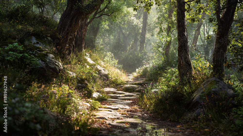 Fototapeta premium A mystical forest path bathed in sunlight, leading towards an unknown destination