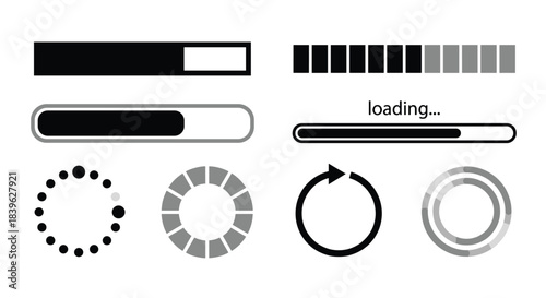 Loading progress bar and spinner vector icon set on a white background