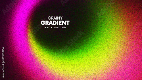 Colorful grainy gradient with vivid pink yellow green tones blending around central dark void created from thousands of individual dots. Neon grainy gradient for modern visuals and digital designs