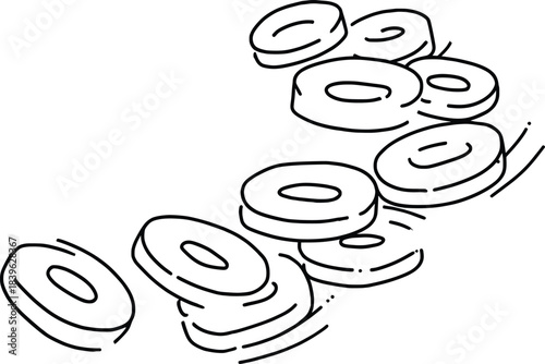 Black and White Donuts Illustration: A minimalist and elegant illustration featuring several donuts with their iconic circular shapes, arranged to create a visually appealing flow or motion.