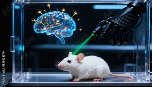 White mouse in a clear enclosure observed by a robotic hand projecting a holographic brain, laboratory scene with dark background and visible copyspace available for text and design elements
