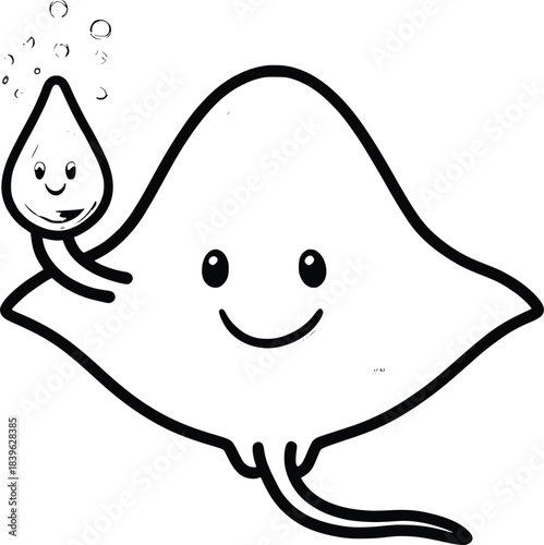 Animated Sea Ray and Water Drop: A friendly animated sea ray floats gracefully in a vibrant ocean with a cheerful water drop. This charming illustration is perfect for children's projects.