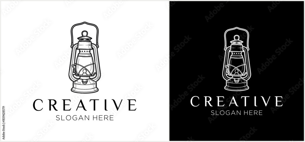 Naklejka premium A minimalist line art illustration of a vintage kerosene lantern, presented as a logo concept with 'CREATIVE' text, on both white and black backgrounds.