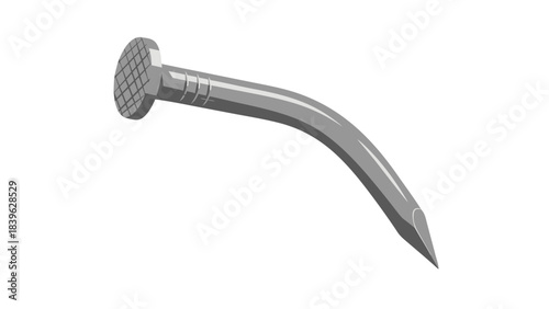 A Single Shiny Metal Nail Bent into a Curve on a Black Background Showing a Pixelated Texture and Metallic Sheen