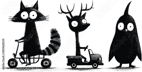 Whimsical Animal Transportation: A playful illustration depicts a raccoon on a tricycle, a deer driving a miniature vehicle, and a bird standing, each exuding charm and character.