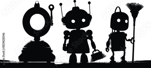 Robotic Trio: A charming silhouette of three robots, each with unique features, standing side by side, creating a captivating display of futuristic design. 