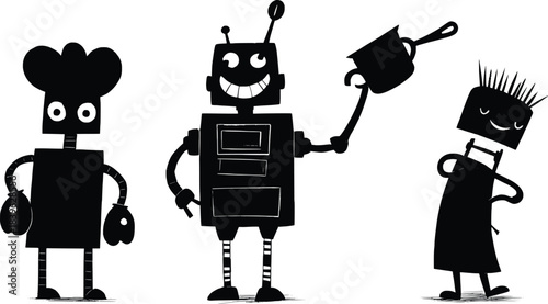 Three cheerful silhouetted robots in different poses representing cooking and cleaning activities