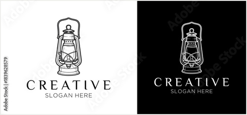 A minimalist line art illustration of a vintage kerosene lantern, presented as a logo concept with 'CREATIVE' text, on both white and black backgrounds.