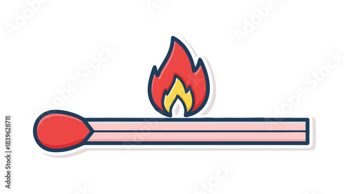 A Single Burning Matchstick with a Red Tip and Blue and White Outline Ignited with a Bright Red and Yellow Flame on a Black Background Symbolizing Fire and Ignition