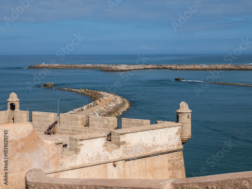 Rabat beach view from the Kasbah of the Udayas fortress in Rabat in Morocco. Location at the mouth of the Bou Regreg river