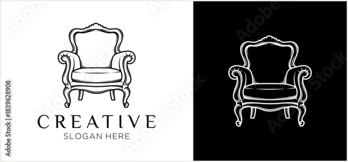 Elegant vintage armchair logo design in black and white styles, perfect for luxury furniture or interior branding.