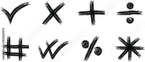 Grunge math symbols, black paint cross shapes.Collection of black brush stroke symbols including x o plus question mark and arrow isolated on white .
