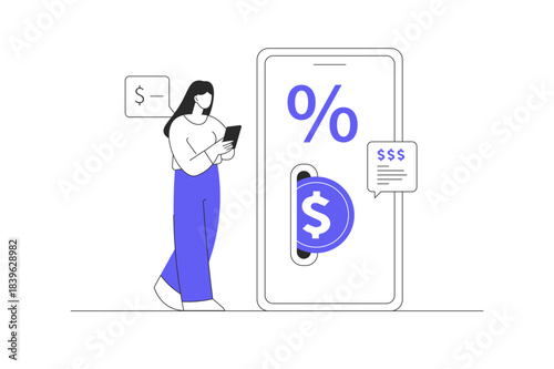 Mobile Savings Account. Businesswoman Character. Money at Huge Smartphone Screen with Coin Percents. Online Deposit. Flat Cartoon Vector Illustration, icon Stylish abstract design landing page web