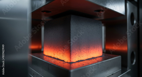 NdFeB sintering process showing slow compression and orange red glow of fusing powder turning into solid block
