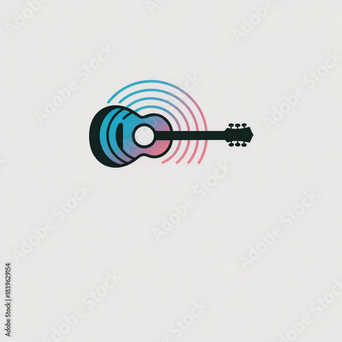 Minimalist acoustic guitar icon with gradient sound wave rings modern music logo concept symbolizing live performance audio production guitar lessons and contemporary branding