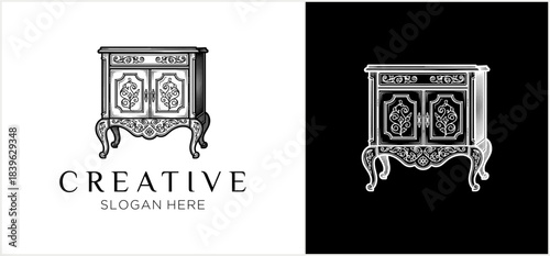 Elegant vector illustration of an ornate antique wooden cabinet with decorative carvings, presented as a classic logo design.