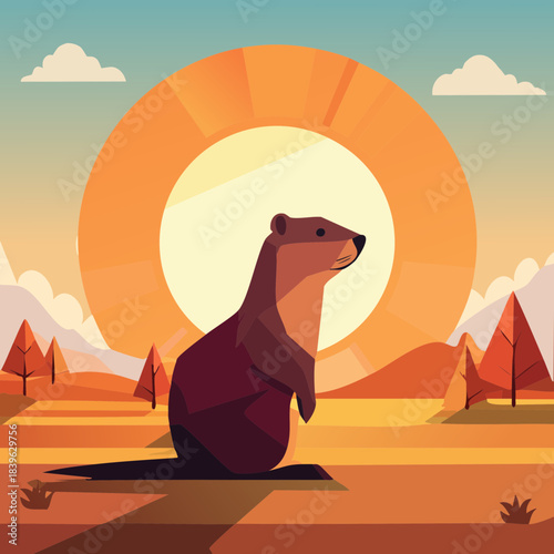 Groundhog Sunset Illustration — geometric vector silhouettes of groundhogs with bold sunset backdrops